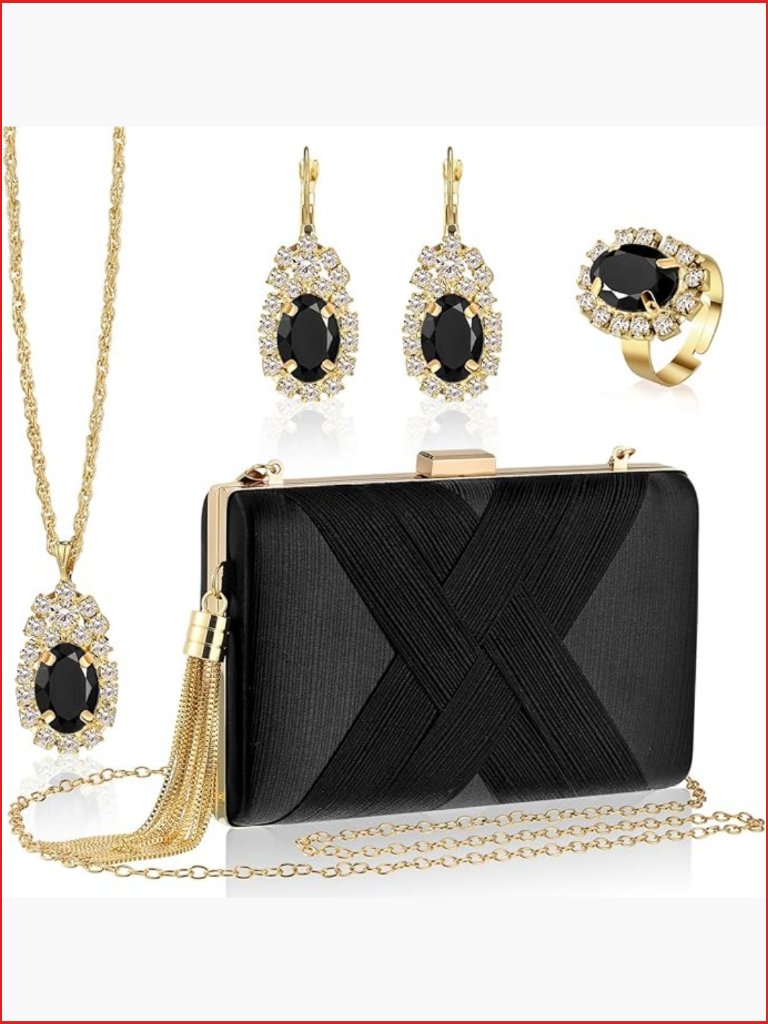 Satin Clutch Purse Evening Bag With Rhinestone Jewelry Set 4 Pcs
